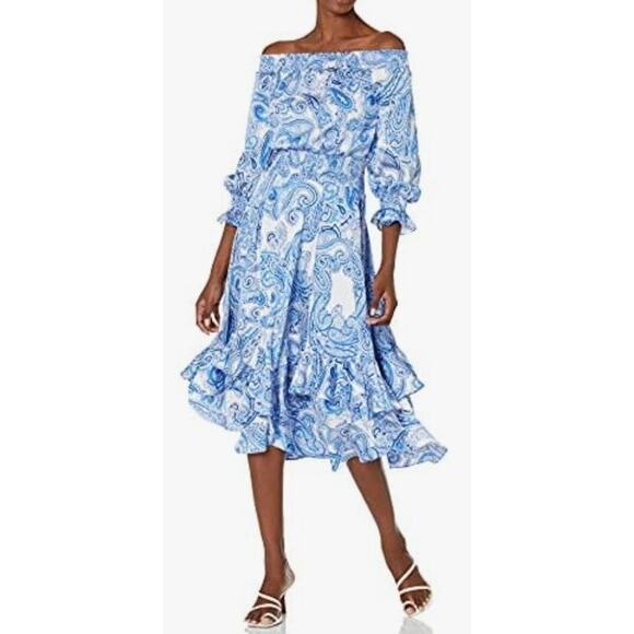 Tahari Arthur Levine Midi Women Dress Sz 10 Paisley Fairy Ruffles Smocked Preppy - Picture 1 of 15